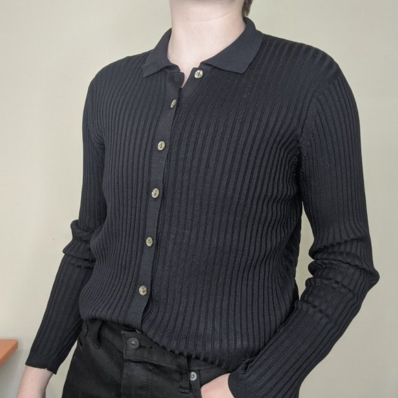 Navy Blue Silk Button Up Cardigan - Picture 1 of 3
